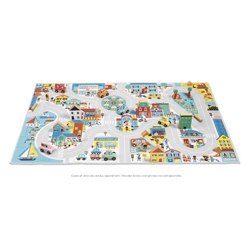 Janod - Children's Car Rug - City Theme - Soft & Non-Slip - Urban Pattern - Play Rug for Girls & Boys' Bedrooms - 120 x 78cm - Hand Washable - from 2 Years Old - J05910