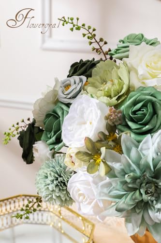 Floweroyal Artificial Flowers Combo Green Flowers Mix Silk Flowers Dahlia Roses with Stems for DIY Wedding Bridal Bouquets, Baby Shower, Floral Arrangement, Table Centerpieces, Home Decorations.