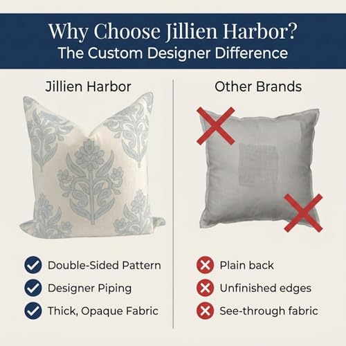 Jillien Harbor “The Naples” Floral Block Print Pillow Cover – Grey and White Blue Decorative Throw Pillow Cover – Grandmillennial Home Decor, 20" x 20"