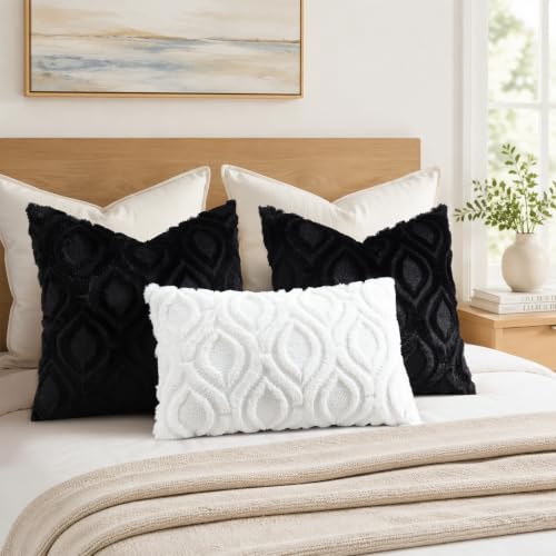decorUhome Faux Fur Plush Soft Black Throw Pillow Covers 26x26 Set of 2