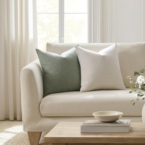 Meekio Set of 2 Ivory Throw Pillow Covers 18x18, Modern Farmhouse Linen Blend Decorative Pillow Covers for Couch Sofa Bed, Neutral Home Decor