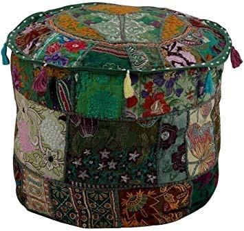 Sophia-Art Indian Embroidered Patchwork Cover Indian Decorative Pouf Indian Comfortable Floor Cotton Cushion Ottoman Pouf,Indian Designs Ethnic Patchwork Pouf (Dark Green, 14"x22")