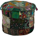 Sophia-Art Indian Embroidered Patchwork Cover Indian Decorative Pouf Indian Comfortable Floor Cotton Cushion Ottoman Pouf,Indian Designs Ethnic Patchwork Pouf (Dark Green, 14"x22")