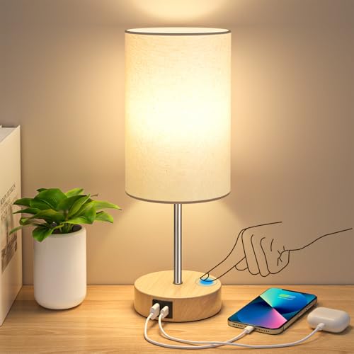 Table Lamp for Bedroom, 3 Way Dimmable Touch Lamp with Dual Charging Station, Small Bedside Lamps for Night Stands, Living Room, Office(LED Bulb Included)