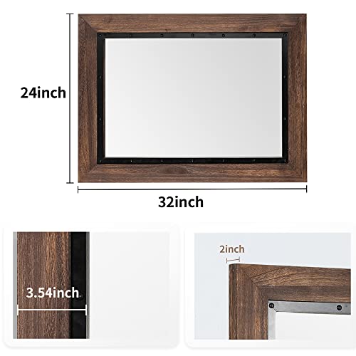 YOSHOOT Rustic Wooden Framed Wall Mirror, Natural Wood and Iron Bathroom Vanity Mirror for Farmhouse Decor, Vertical or Horizontal Hanging