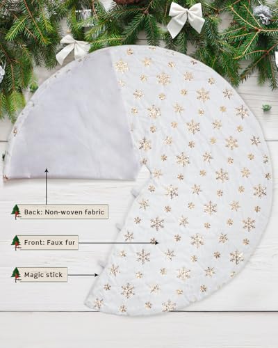COOLWUFAN 60 Inches Faux Fur Christmas Tree Skirt for Xmas Tree Holiday Party Decoration White Plush Gold Sequin Snowflake (Gold)