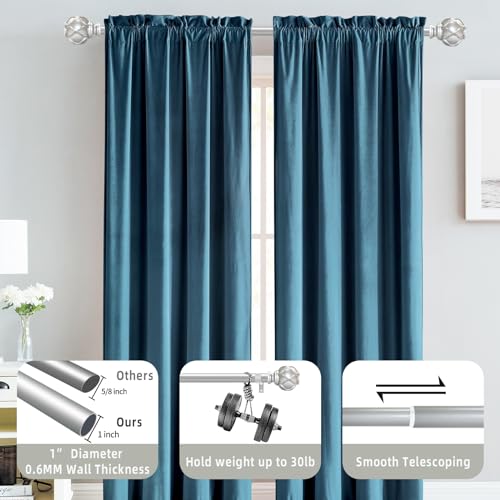 Silver Curtain Rod for Windows 48 to 84 Inches(4-7ft), 1" Diameter Heavy-Duty Adjustable Decorative Curtain Rod with Striped Twisted Finials - for Living Room Bedroom (Modern Home Decor)