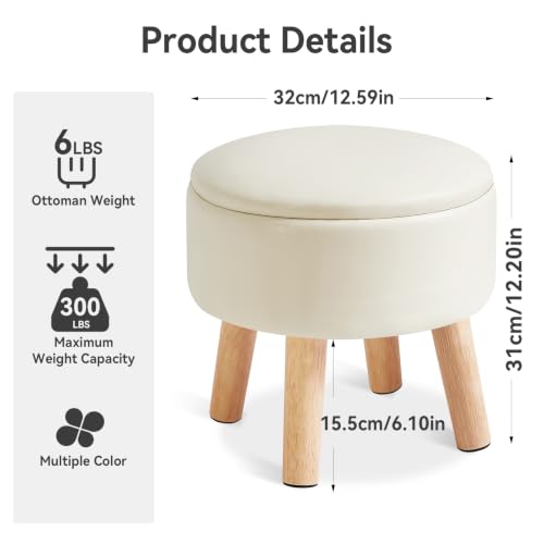 IBUYKE Small Foot Stool Ottoman with Storage, Round, Beige