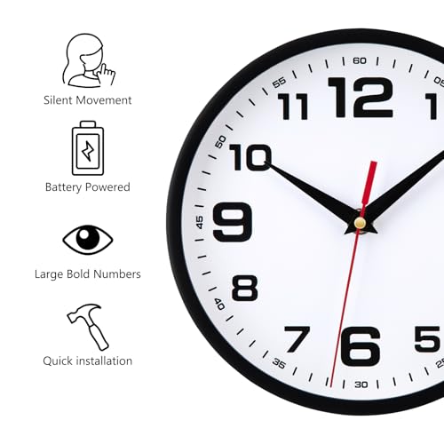 Wall Clock Silent Non-Ticking Modern Clocks Battery Operated 8 Inch Small Analog Clock Decorative for Living Room Bedroom Kitchen Office Decor (Black)