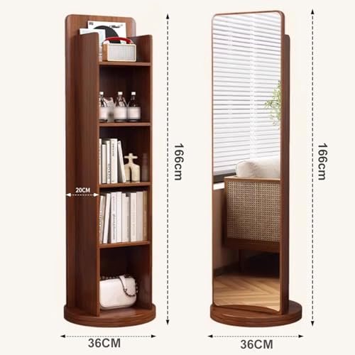360° Rotating Full-Length Mirror with 4-Tier Bookcase, 3-in-1 Floor Dressing Mirror, Coat Rack & Magazine Holder for Bedroom, Living Room, Study Room Decor