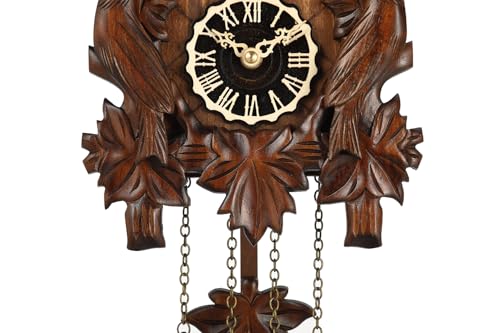 Kintrot Cuckoo Clock, Traditional Black Forest Handcrafted Wooden Quartz Clock for Wall Antique Decroration with Maple Leaf Pendulum, 12 Melodies, Night Sensor and Singing Bird