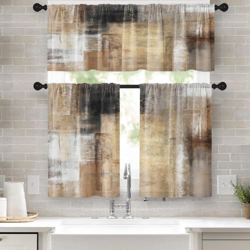 Brown Kitchen Window Curtains Valance and Tier Set 36 Inch, Grey Beige Modern Rod Pocket Short Tier Curtain, Abstract Art Small Cafe Drapes for Kitchen Decor