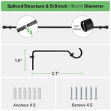 Curtain Rods for Windows 28 to 48 inch, 5/8 inch Black Curtain Rod Set with Brackets, Splicing Adjustable Metal Drapery Rod for Bedroom, Kitchen, Living Room, Matte Black