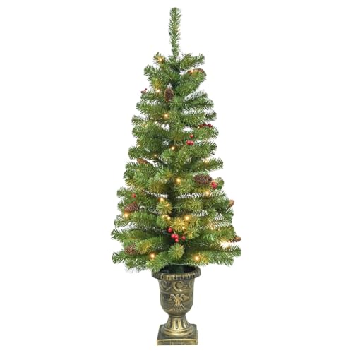 Maylaviu 4FT Artificial Potted Christmas Tree with Lights, Pre-lit Mini Christmas Tree with 50 LED Lights, Small Fake Spruce Tree with 140 Branch Tips, Pine Cones&Red Berries, Battery Operated