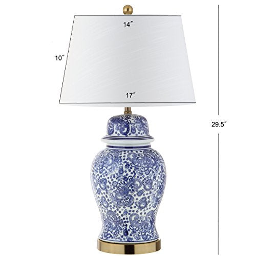 JONATHAN Y 29.5" Blue/White Ceramic Table Lamp for Living Room and Office, White Linen Drum Shade, Traditional Chinoiserie Ginger Jar Lamp, LED Bulb Included JYL3008A