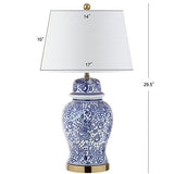 JONATHAN Y 29.5" Blue/White Ceramic Table Lamp for Living Room and Office, White Linen Drum Shade, Traditional Chinoiserie Ginger Jar Lamp, LED Bulb Included JYL3008A