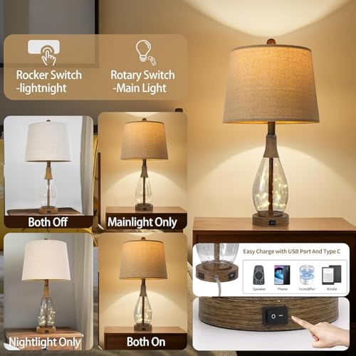 Bedside Table Lamps Set of 2 with USB, Modern Bedside Lamps Retro Farmhouse Rattan Glass Nightstand Nightlight Lamps for Bedroom Living Room Dorm,Two Light Points