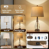 Bedside Table Lamps Set of 2 with USB, Modern Bedside Lamps Retro Farmhouse Rattan Glass Nightstand Nightlight Lamps for Bedroom Living Room Dorm,Two Light Points