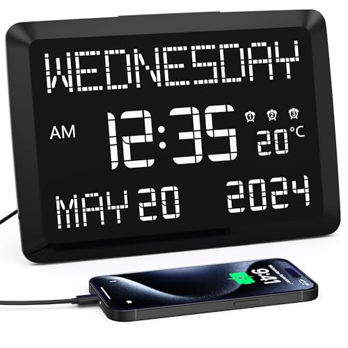 11.5” Extra Large Digital Wall Clock with Date and Day of Week , Electric Desk Clock for Seniors, Large Display Alarm Clock for Bedroom with Battery Backup, 5 Dimmer, 2 USB Ports, Indoor Temp, 12/24H