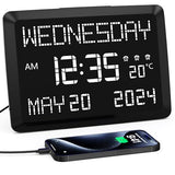11.5” Extra Large Digital Wall Clock with Date and Day of Week , Electric Desk Clock for Seniors, Large Display Alarm Clock for Bedroom with Battery Backup, 5 Dimmer, 2 USB Ports, Indoor Temp, 12/24H