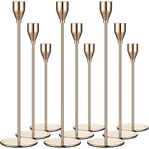Set of 9 Candle Holders Candlestick Holder for Tapered Candles Decorative Candle Sticks Long Holder Table Centerpiece Candle Holders for Home Decor Wedding Dinning Party Anniversary Supplies (Gold)