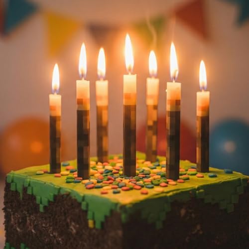 Birthday Candles (8 Pack) - Large 3-Inch Cake Toppers - Birthday Cake Decorations for Boys - Novelty Gaming Themed Pixel Torch Candle Set for Level Up Celebration
