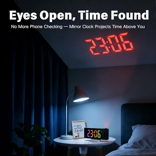 Alarm Clock with Projection on Ceiling, Smart Digital Alarm, for Bedrooms, Classroom, Office, Large LED Display, 180° Rotatable Projector, 3-Level Dimmer, Loud Dual,12/24H, Temperature Display