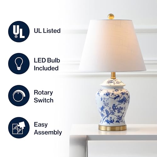 JONATHAN Y 22" Blue/White Ceramic Table Lamp, French Country Chinoiserie Ginger Jar LED Bedside Lamp for Living Room Bedroom, White Linen Shade, JYL3005A