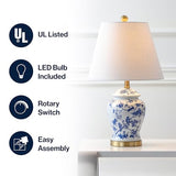 JONATHAN Y 22" Blue/White Ceramic Table Lamp, French Country Chinoiserie Ginger Jar LED Bedside Lamp for Living Room Bedroom, White Linen Shade, JYL3005A