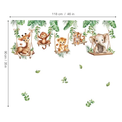 wondever Jungle Animal on Swings Wall Stickers Baby Lion Elephant Giraffe Tropical Leaves Peel and Stick Wall Art Decals for Children Nursery Kids Bedroom Living Room