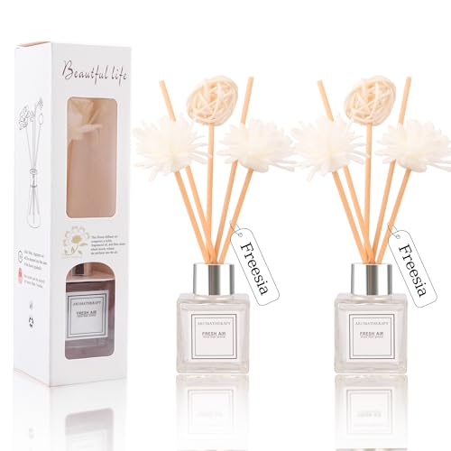 Reed Diffuser Set of 2, Freesia Scent Oil Diffuser with Sticks for Home Fragrance, Office Living Bedroom Decoration, Bathroom Decor and Accessories, Air Fresheners Gift Set, 1.7 fl oz/50ml x 2