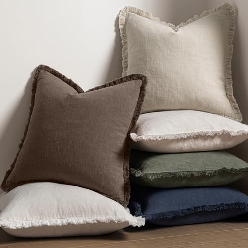 MIULEE Boho Linen Fringe Decorative Fall Pillow Covers Reddish Brown 26x26