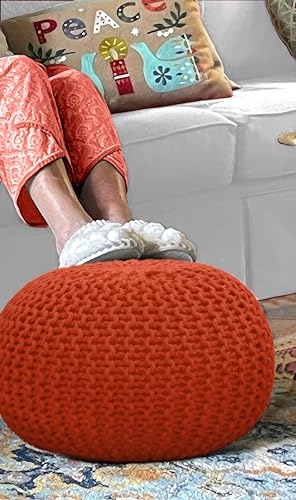 COTTON CRAFT Round Orange Pouf -Handknitted Cotton Braid Cord Dori Ottoman