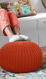COTTON CRAFT Round Orange Pouf -Handknitted Cotton Braid Cord Dori Ottoman