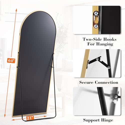 DUMOS 64"x21" Arched Full Length Floor Mirror, Full Body Mirror with Stand, Shatterproof Tempered Glass, Modern Aluminum Alloy Frame, Free Standing or Leaning for Home Decor, Gold