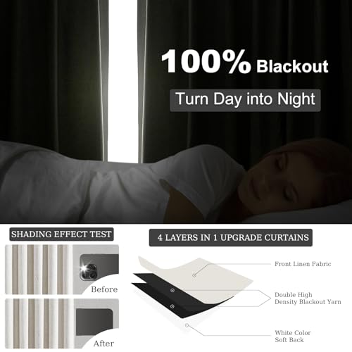 Topfinel Pinch Pleated Curtains 96 Inch Long, 100% Blackout Thermal Insulated Natural Linen Pinch Pleat Viral Drapes with Hooks Rings 2 Panel Sets, Neutral Beige Ivory 8FT Back Tab Window Curtains