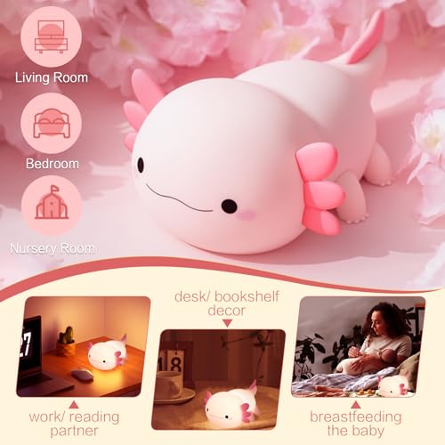 Axolotl Lamp Kid Cute Night Light, Rechargeable Squishy Axolotl Gifts for Girls, Baby Touch Nightlight, Dimmable Silicone LED Animal Toys, Bedside Pink Lamp, College Nursery Kawaii Décor