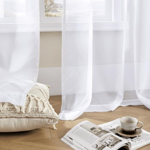 MYSTIC-HOME Sheer Curtains White 95 Inches Long, Window Treatments Rod Pocket Drapes for Living Room, Bedroom, Semi Crinkle Voile Curtain Panels for Yard, Patio, Villa, Parlor, Set of 2, 52"Wx95"L