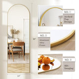 Arched Full Length Door Mirror 14x48, Metal Frame with Protective Film, No-Drilling Hanging or Wall Mount, Hooks & Hardware Included, Full Body Mirror for Bedroom, Dorm, Gold