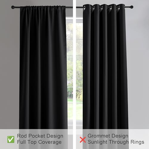 PONY DANCE Black Out Curtains 72 inch Long - Blackout Solid Rod Pocket Thermal Insulated Panels for Bedroom Living Room, Energy Efficient Window Drapes, 42-inch by 72-inch, Black, 2 Pieces