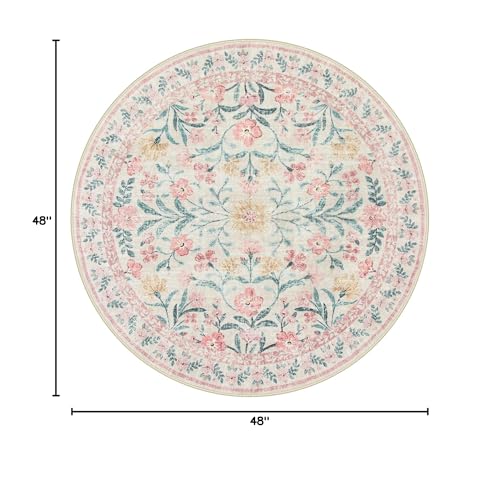 Lahome Sylvie Boho Light Pink Round Rug 4ft, Washable Small Circle Rugs for Bedroom Kids, Pink and Green Nursery Circular Carpet Girl Decor, Soft Non-Slip Round Carpet for Sunroom, Blush