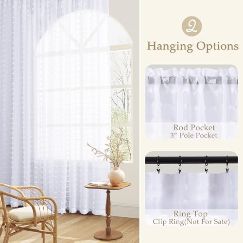 Guken White Sheer Curtains 84 Inch Length 2 Panels Sets for Living Room Bedroom 38 Inch Width Boho Drapes Light Filtering Pom Pom Curtains Semi Sheer Nursery Girls Rod Pocket,W38xL84