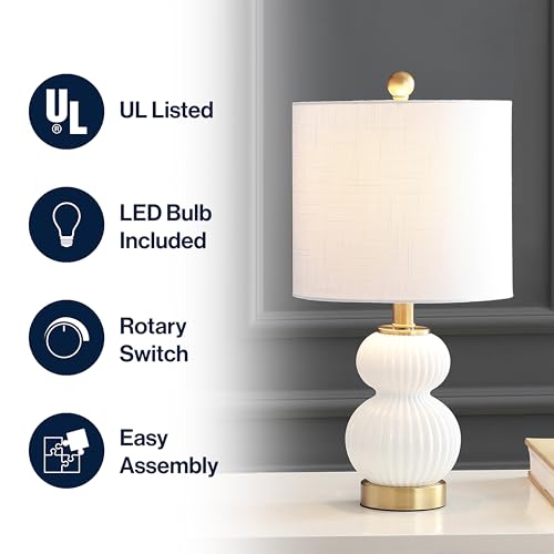 JONATHAN Y 20" White/Brass Gold Ribbed Gourd Glass Table Lamp, Modern Bedside Lamp for Bedroom Living Room, White Linen Drum Shade, LED Bulb Included JYL1099A