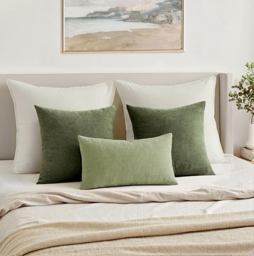 MIULEE Olive Green Couch Pillow Covers 18x18 Inch, Set of 2 Soft Chenille Decorative Square Throw Pillow Covers Farmhouse for Sofa Living Room Bed