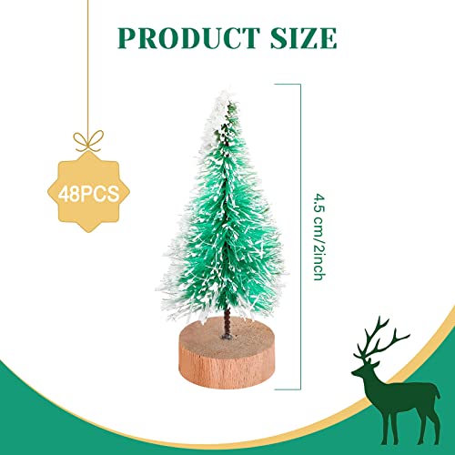 Sumind 48 Pcs Mini Brush Christmas Trees Sisal Snow Frost Tree Artificial Winter Mini Pine with Wooden Base Xmas Small Bottle Brush Trees for Christmas Winter Decoration(Green)