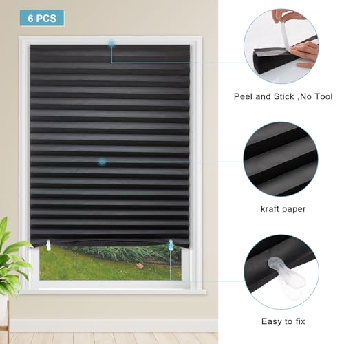 MYshade 6 Pack Temporary Blackout Paper Shades for Windows,Paper Pleated Blinds with Adhesive,No Tools No Drilling Free Cut Size Temporary Room Darkening Shades(Black, 36" W x 72" H)