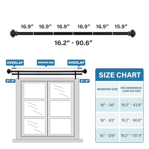 H.VERSAILTEX Double Curtain Rods for Windows 16.2 to 90.6 Inches 3/4 inch Diameter Adjustable Decorative Telescoping Double Curtain Rod with Brackets Heavy Duty Splicing Double Curtain Rods, Black
