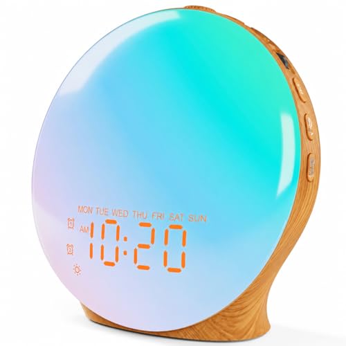 JALL Full Screen Dimmer Sunrise Alarm Clocks for Bedrooms, Wake Up Light with FM Radio, 25 White Noise Sleep Sounds, Bluetooth Speaker, Dual Alarms Bedside Clock for Heavy Sleepers
