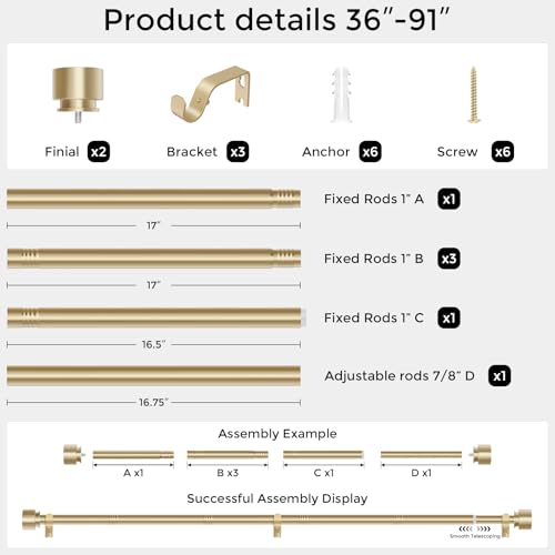 Modern Gold Curtain Rods for Windows 48 to 84 Inch, 1" Diameter Adjustable Heavy Duty Window Curtain Pole with Matte Gold End Cap Finials, Decorative Drapery Rods for Living Room, Bedroom