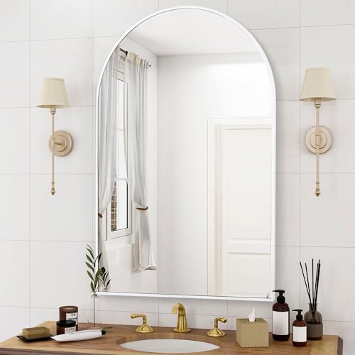 Arched White Bathroom Mirror,24 x 36 Inch Arch Wall Mirror with Wood Frame,Vanity Modern Tempered Glass Mirror for Bedroom,Entryway,Living Room